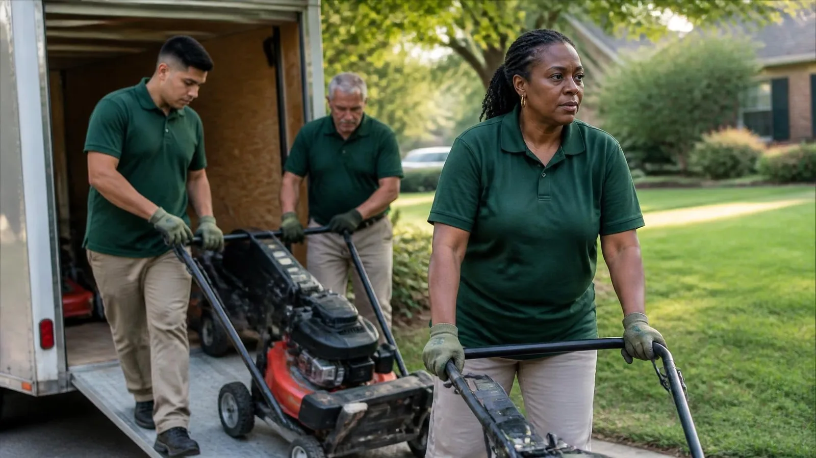 Landscaping crew unloading commercial mowers from an open trailer at a suburban job site